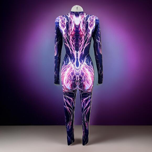New Large Electric Spandex Jumpsuit Catsuit Rave Illusion Electricity Cyberpunk - Picture 4 of 4